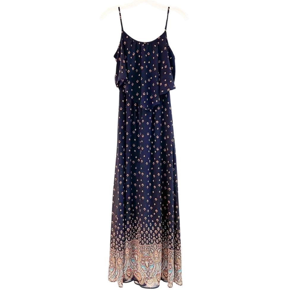 Xhiliration - Navy Printed Spaghetti Strap Maxi Dress